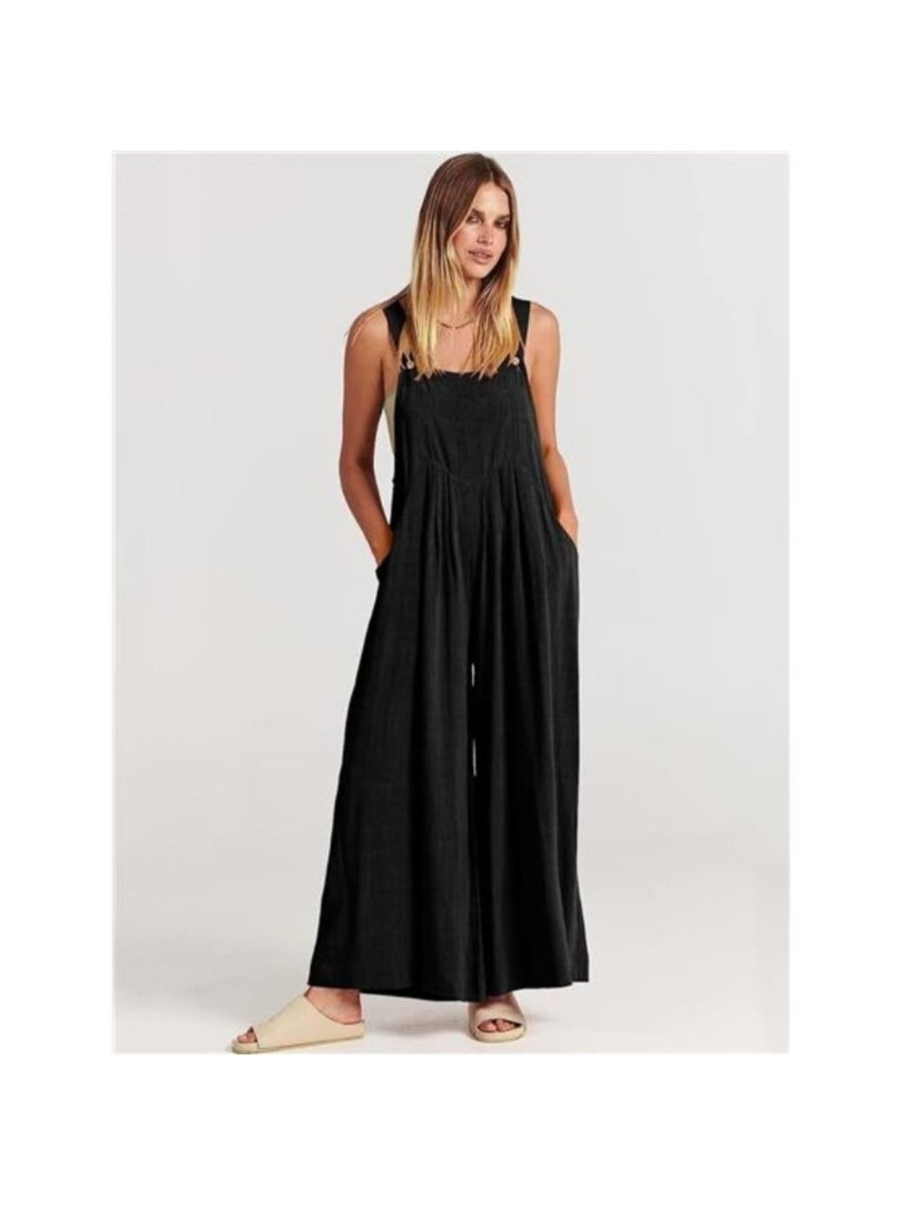 Women's Overalls Jumpsuit Casual Adjustable Straps Wide Leg with Pockets, Black - Picture 2 of 6